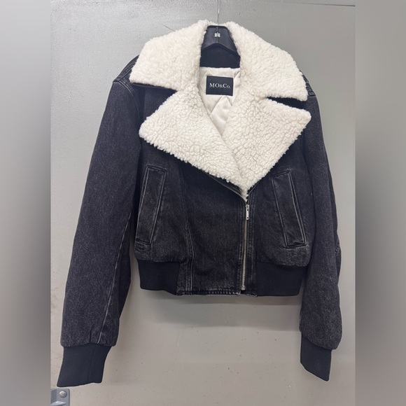 MO&Co Sherpa Collar Black‎ denim Jacket size small - Picture 1 of 11